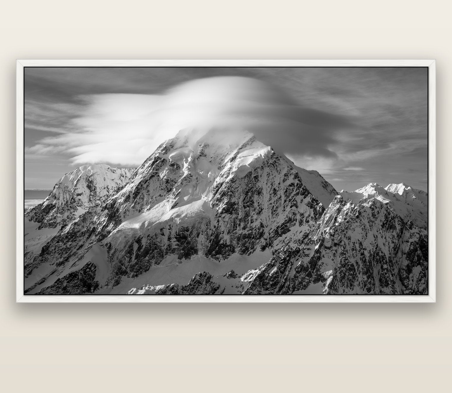 Ethereal Majesty, Mount Cook's Lenticular Veil — white float frame canvas, 201 × 99 cm. New Zealand fine art landscape wall art by Stephen Milner.