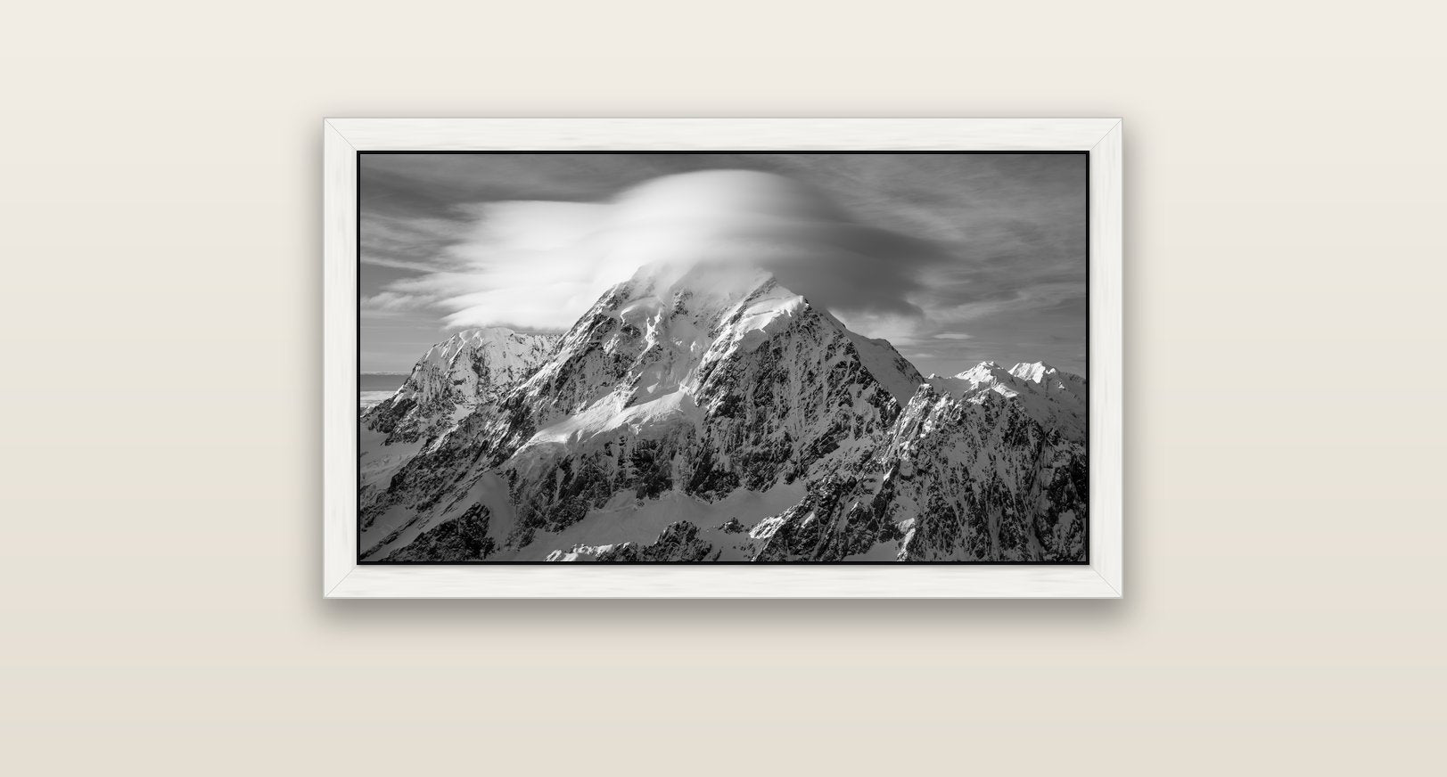 Ethereal Majesty, Mount Cook's Lenticular Veil — white float frame canvas, 81 × 46 cm. New Zealand fine art landscape wall art by Stephen Milner.