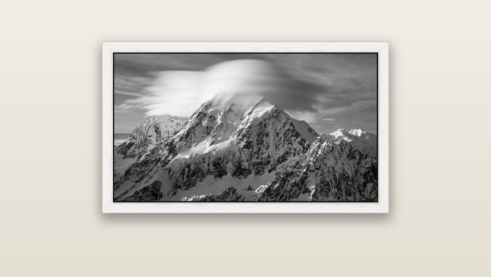 Ethereal Majesty, Mount Cook's Lenticular Veil — white float frame canvas, 91 × 51 cm. New Zealand fine art landscape wall art by Stephen Milner.