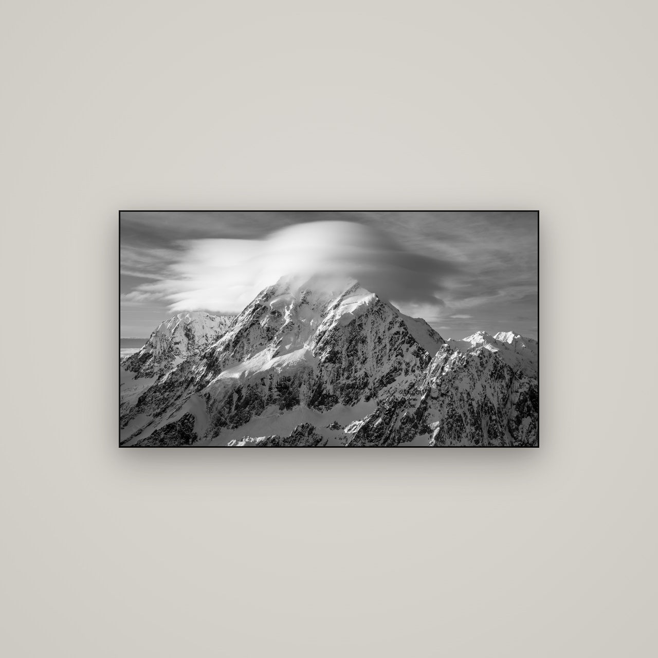 Ethereal Majesty, Mount Cook's Lenticular Veil — Slimline Black, 107×60 cm. New Zealand fine art wall art by Stephen Milner.