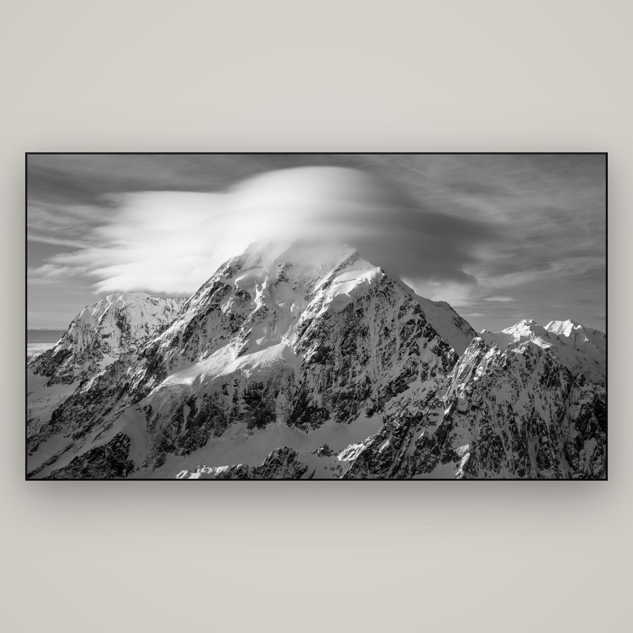 Ethereal Majesty, Mount Cook's Lenticular Veil — Slimline Black, 196×110 cm. New Zealand fine art wall art by Stephen Milner.