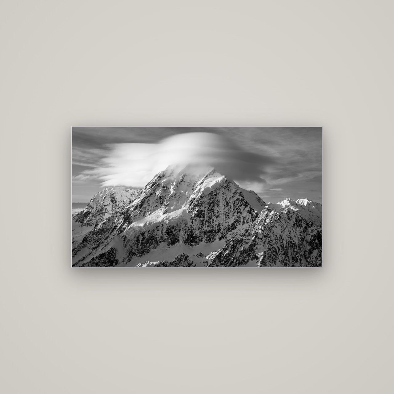 Ethereal Majesty, Mount Cook's Lenticular Veil — Slimline Silver, 107×60 cm. New Zealand fine art wall art by Stephen Milner.