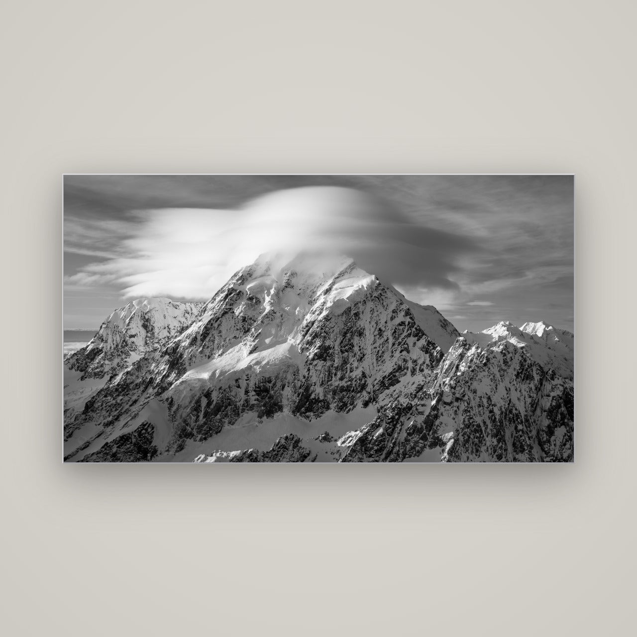 Ethereal Majesty, Mount Cook's Lenticular Veil — Slimline Silver, 160×90 cm. New Zealand fine art wall art by Stephen Milner.