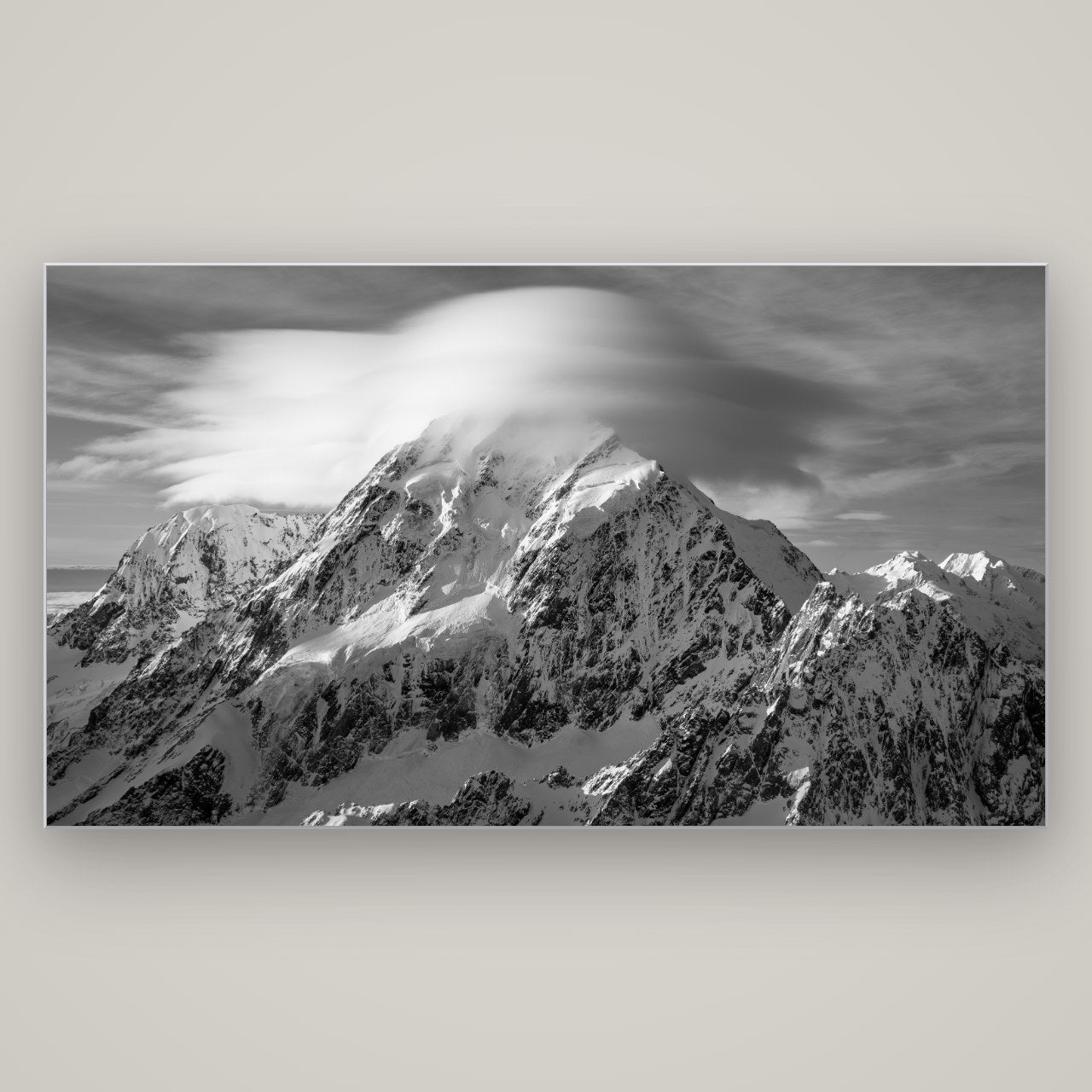 Ethereal Majesty, Mount Cook's Lenticular Veil — Slimline Silver, 196×110 cm. New Zealand fine art wall art by Stephen Milner.