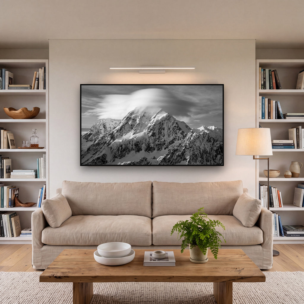 Ethereal Majesty, Mount Cook's Lenticular Veil shown as large black and white wall art in a styled interior. Fine art landscape photography by Stephen Milner.