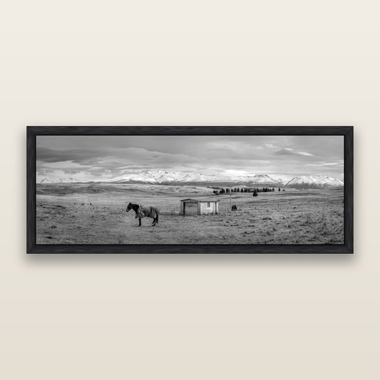 Ethereal Morning, Ben Ohau's Awakening, black and white framed metallic canvas print, Black frame. New Zealand fine art wall art by Stephen Milner.