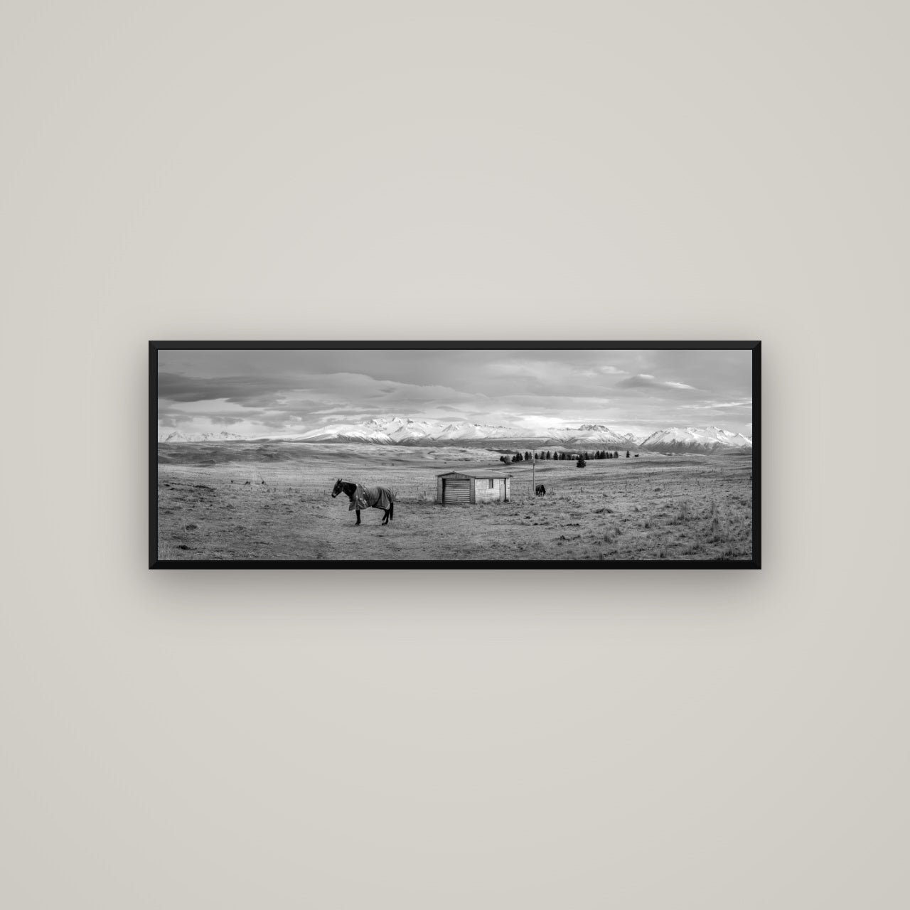 Ethereal Morning, Ben Ohau's Awakening — Basel Black, 113×40 cm. New Zealand fine art wall art by Stephen Milner.