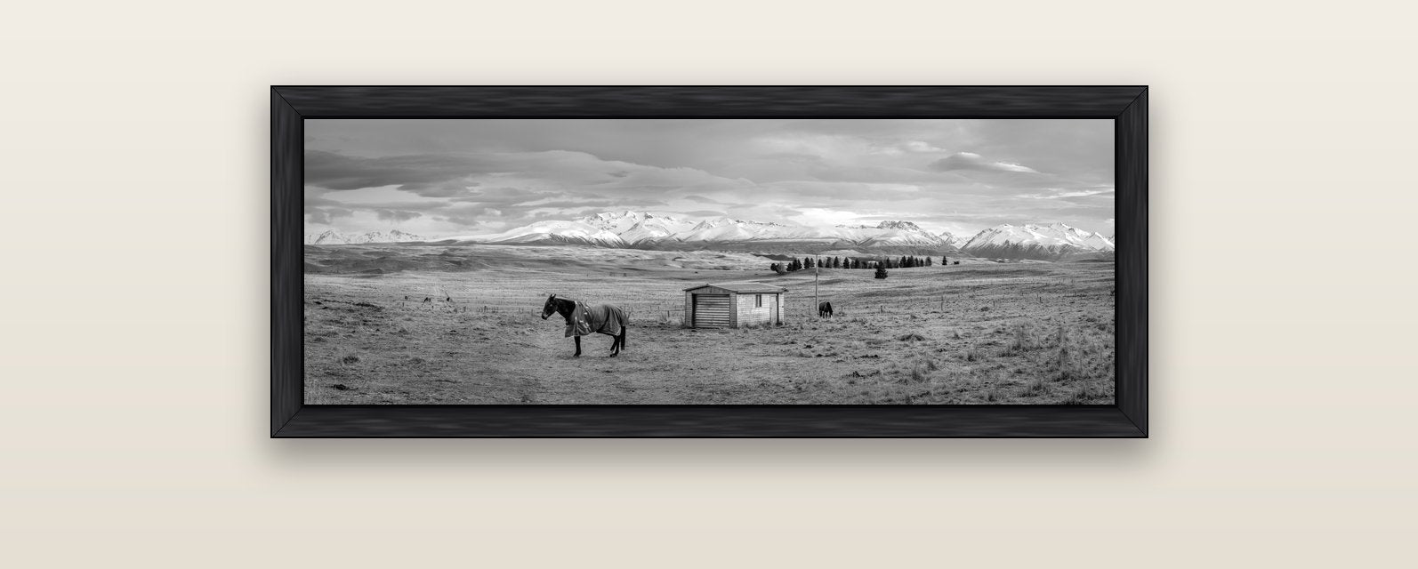 Ethereal Morning, Ben Ohau's Awakening — black float frame canvas, 102 × 36 cm. New Zealand fine art landscape wall art by Stephen Milner.
