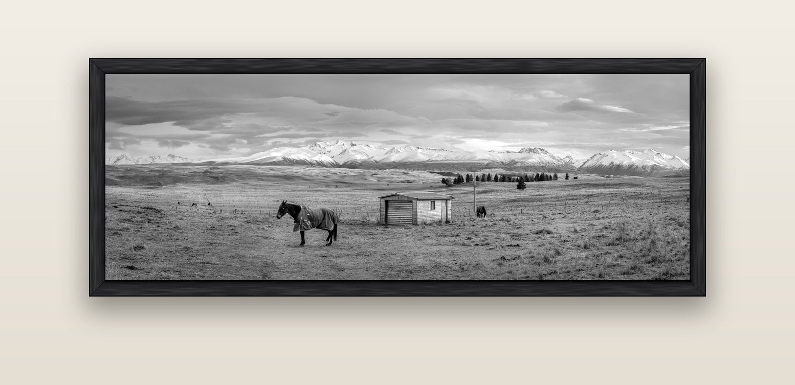 Ethereal Morning, Ben Ohau's Awakening — black float frame canvas, 152 × 56 cm. New Zealand fine art landscape wall art by Stephen Milner.