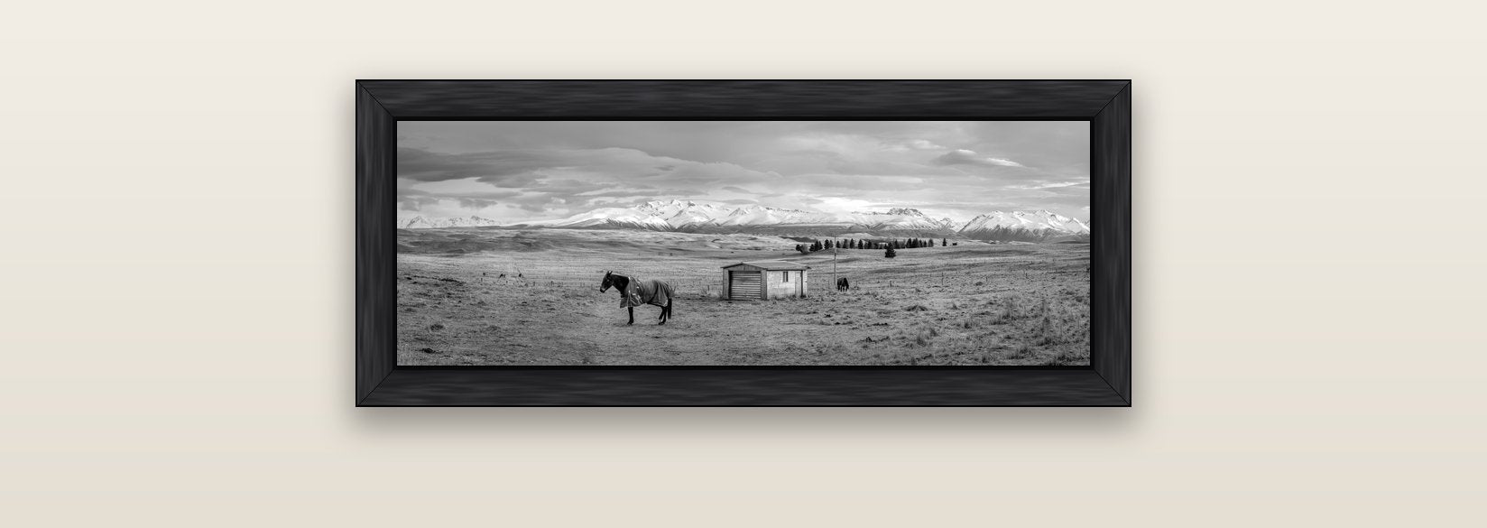 Ethereal Morning, Ben Ohau's Awakening — black float frame canvas, 71 × 25 cm. New Zealand fine art landscape wall art by Stephen Milner.