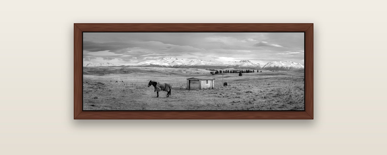 Ethereal Morning, Ben Ohau's Awakening — brown float frame canvas, 102 × 36 cm. New Zealand fine art landscape wall art by Stephen Milner.