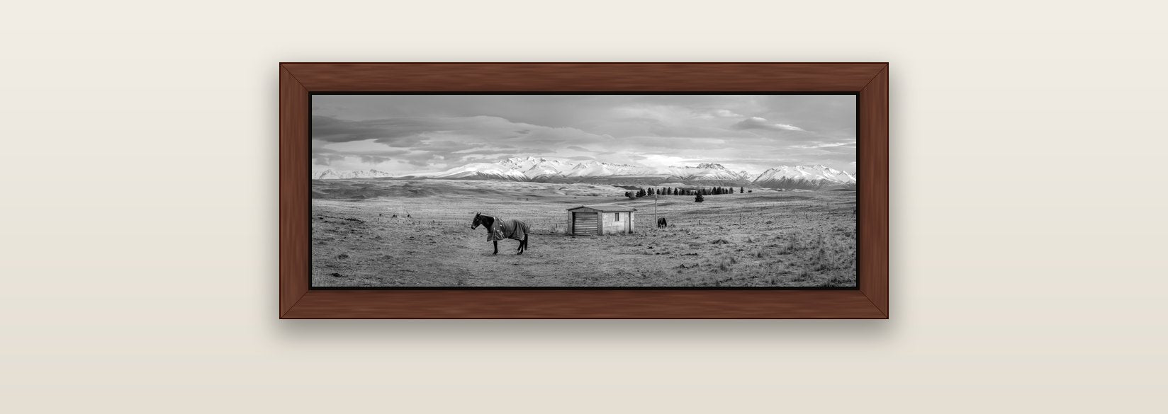 Ethereal Morning, Ben Ohau's Awakening — brown float frame canvas, 71 × 25 cm. New Zealand fine art landscape wall art by Stephen Milner.