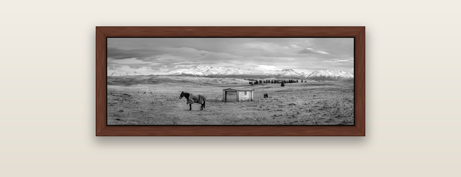 Ethereal Morning, Ben Ohau's Awakening — brown float frame canvas, 91 × 31 cm. New Zealand fine art landscape wall art by Stephen Milner.