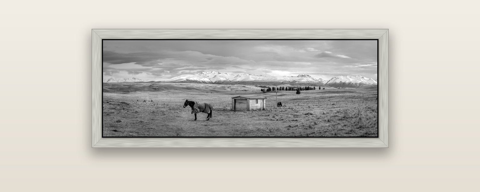 Ethereal Morning, Ben Ohau's Awakening — silver float frame canvas, 102 × 36 cm. New Zealand fine art landscape wall art by Stephen Milner.