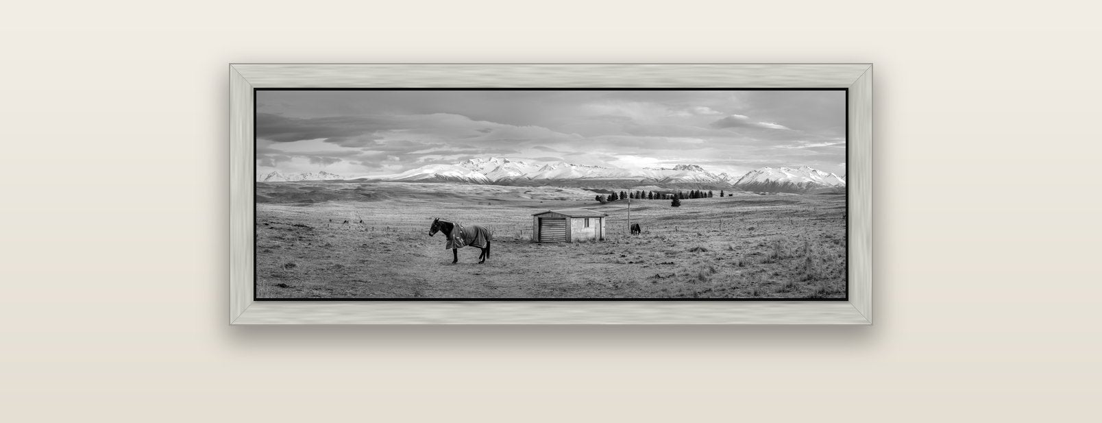 Ethereal Morning, Ben Ohau's Awakening — silver float frame canvas, 91 × 31 cm. New Zealand fine art landscape wall art by Stephen Milner.