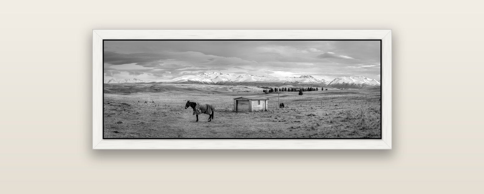 Ethereal Morning, Ben Ohau's Awakening — white float frame canvas, 102 × 36 cm. New Zealand fine art landscape wall art by Stephen Milner.