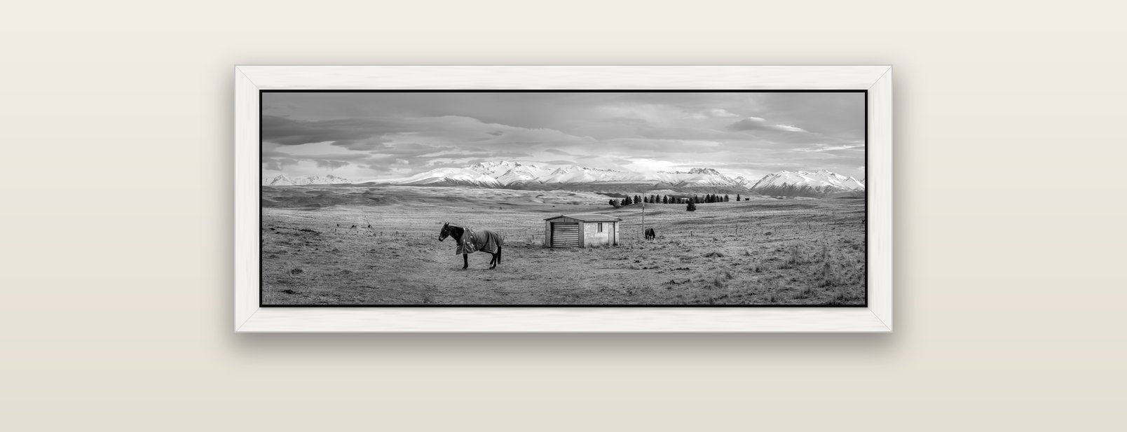 Ethereal Morning, Ben Ohau's Awakening — white float frame canvas, 91 × 31 cm. New Zealand fine art landscape wall art by Stephen Milner.