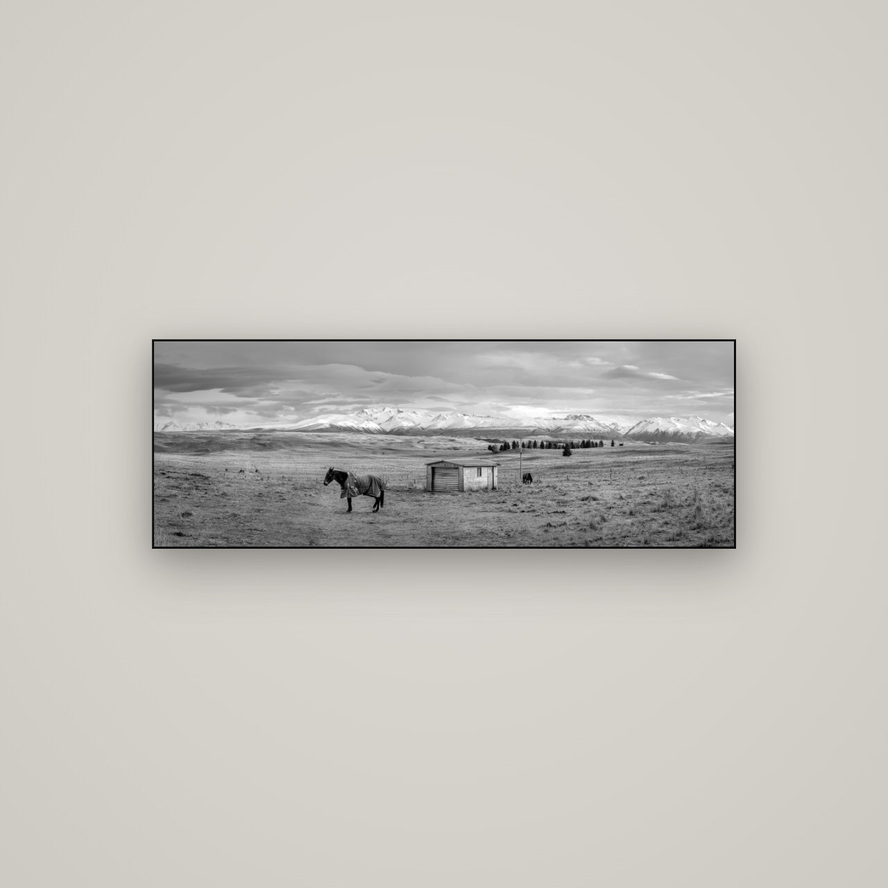 Ethereal Morning, Ben Ohau's Awakening — Slimline Black, 113×40 cm. New Zealand fine art wall art by Stephen Milner.