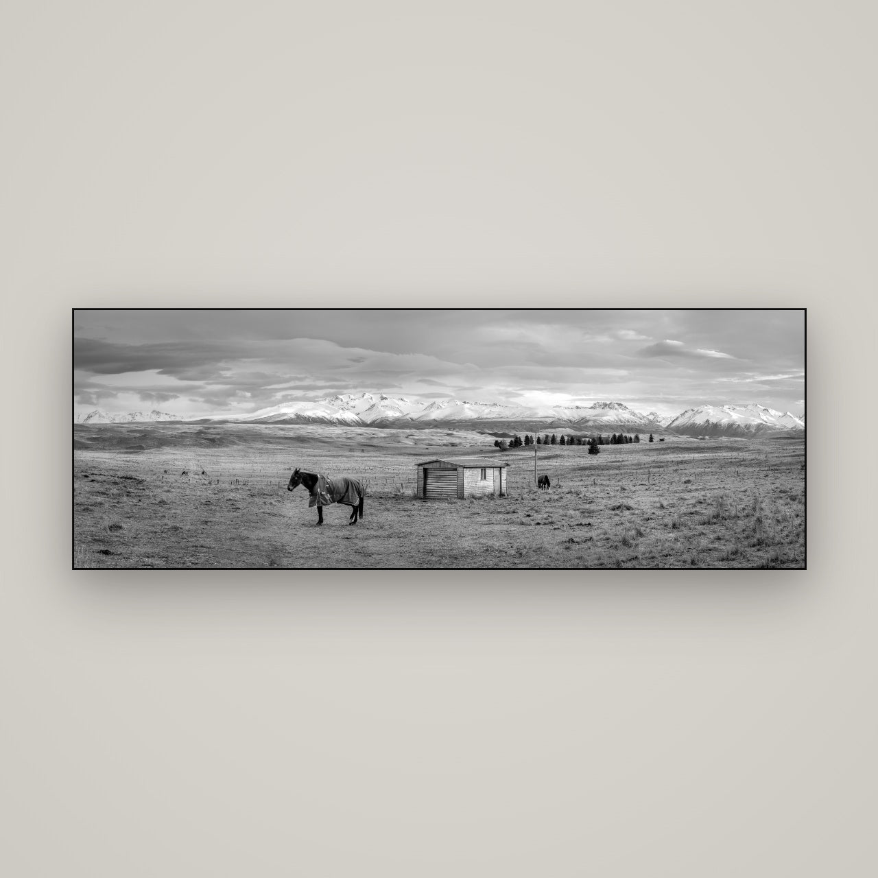 Ethereal Morning, Ben Ohau's Awakening — Slimline Black, 170×60 cm. New Zealand fine art wall art by Stephen Milner.