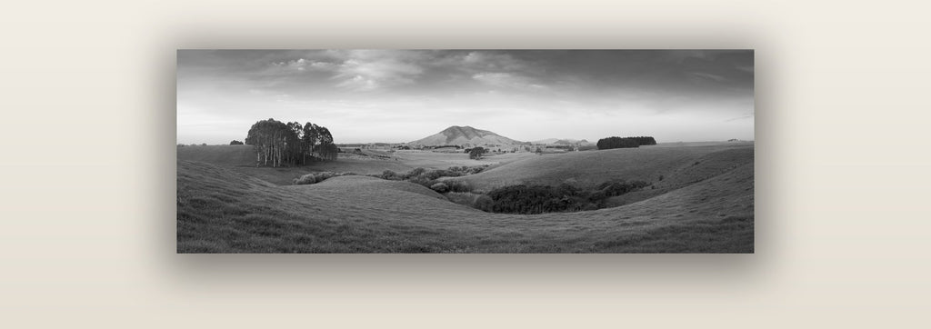 Evening Fields, Mount Kakepuku — acrylic glass print. New Zealand fine art landscape wall art by Stephen Milner.
