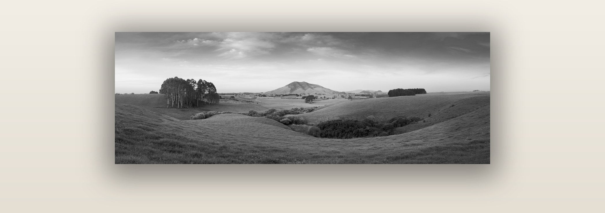 Evening Fields, Mount Kakepuku — acrylic glass print. New Zealand fine art landscape wall art by Stephen Milner.
