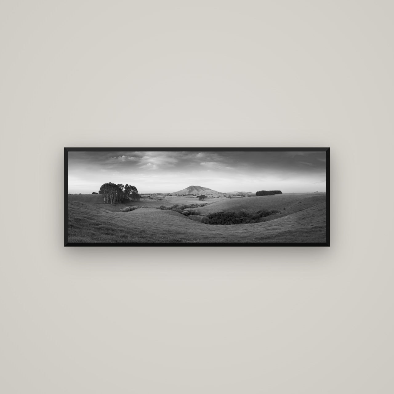 Evening Fields, Mount Kakepuku — Basel Black, 113×40 cm. New Zealand fine art wall art by Stephen Milner.