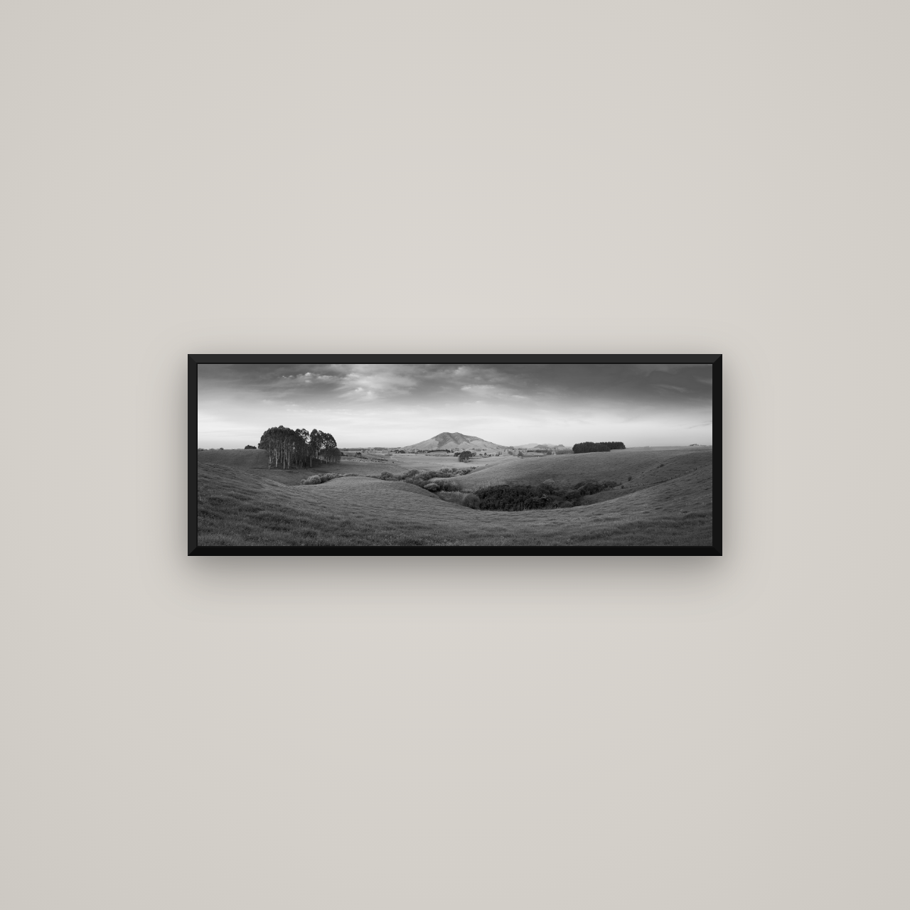 Evening Fields, Mount Kakepuku — Basel Black Matte, 85×30 cm. New Zealand fine art wall art by Stephen Milner.