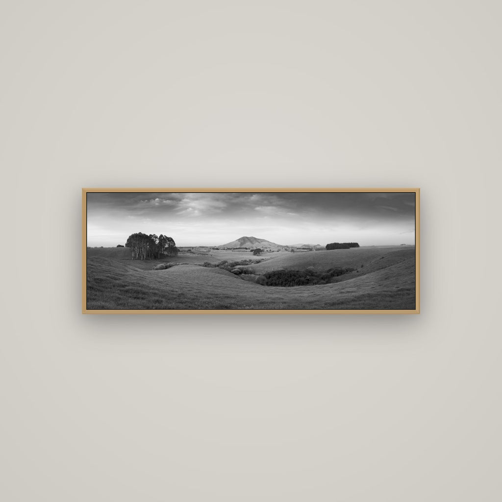 Evening Fields, Mount Kakepuku, Basel Natural Oak, 113×40 cm. New Zealand fine art wall art by Stephen Milner.