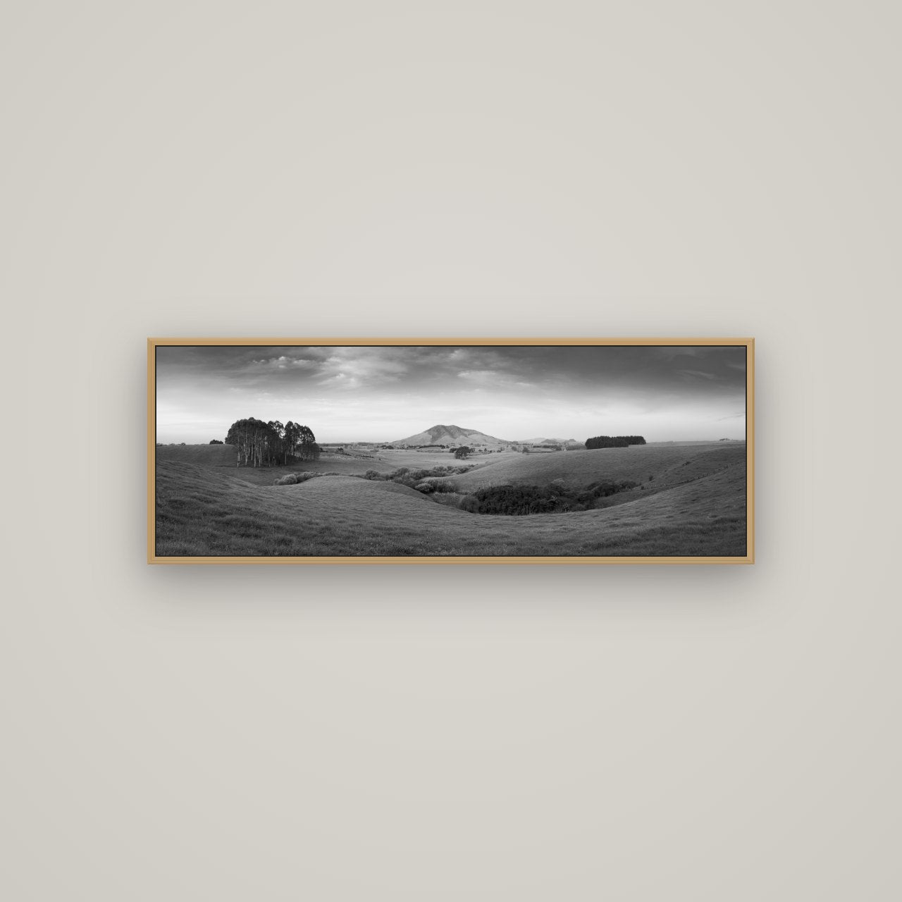 Evening Fields, Mount Kakepuku, Basel Natural Oak, 113×40 cm. New Zealand fine art wall art by Stephen Milner.