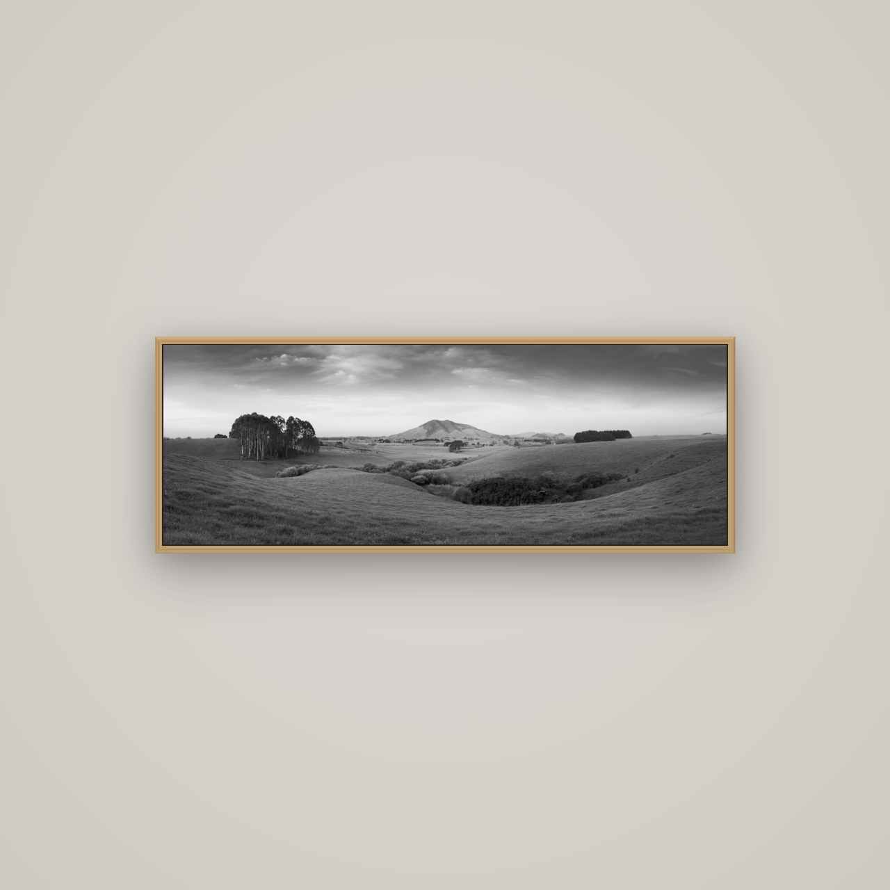 Evening Fields, Mount Kakepuku, Basel Natural Oak, 113×40 cm. New Zealand fine art wall art by Stephen Milner.