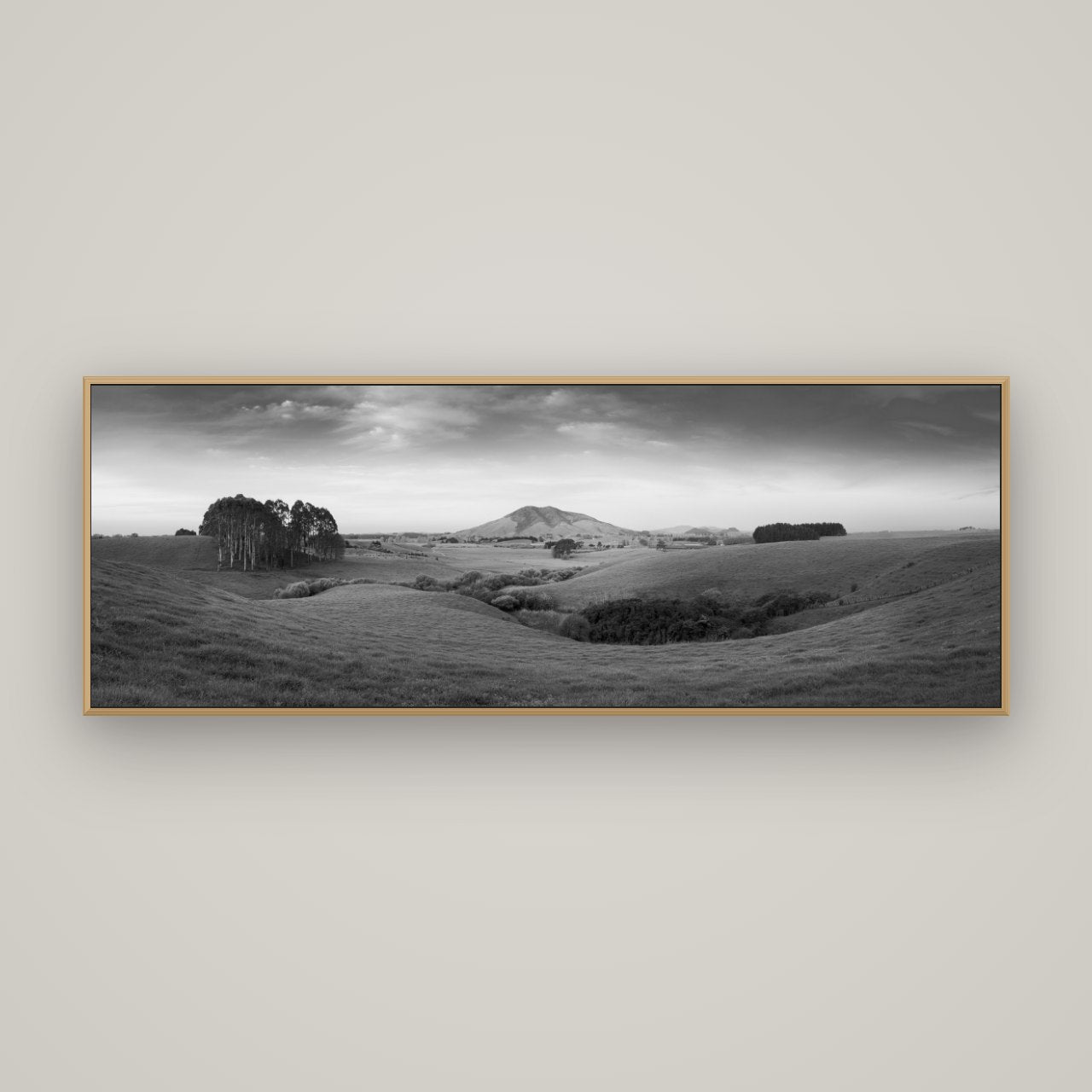Evening Fields, Mount Kakepuku, Basel Natural Oak, 170×60 cm. New Zealand fine art wall art by Stephen Milner.