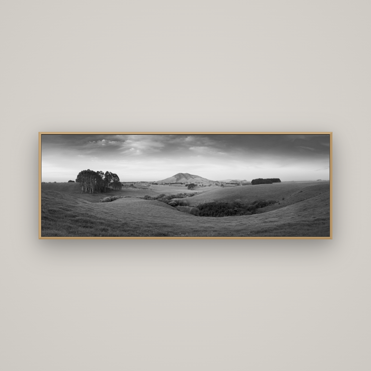 Evening Fields, Mount Kakepuku, Basel Natural Oak, 170×60 cm. New Zealand fine art wall art by Stephen Milner.