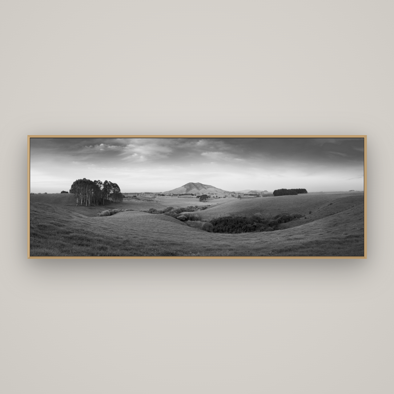 Evening Fields, Mount Kakepuku, Basel Natural Oak, 198×70 cm. New Zealand fine art wall art by Stephen Milner.