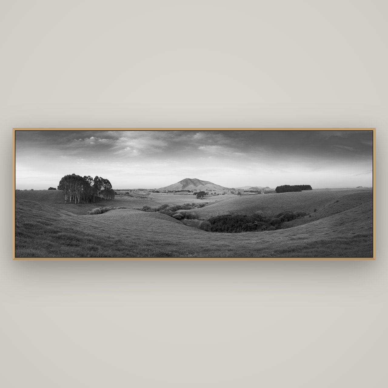 Evening Fields, Mount Kakepuku, Basel Natural Oak, 198×70 cm. New Zealand fine art wall art by Stephen Milner.