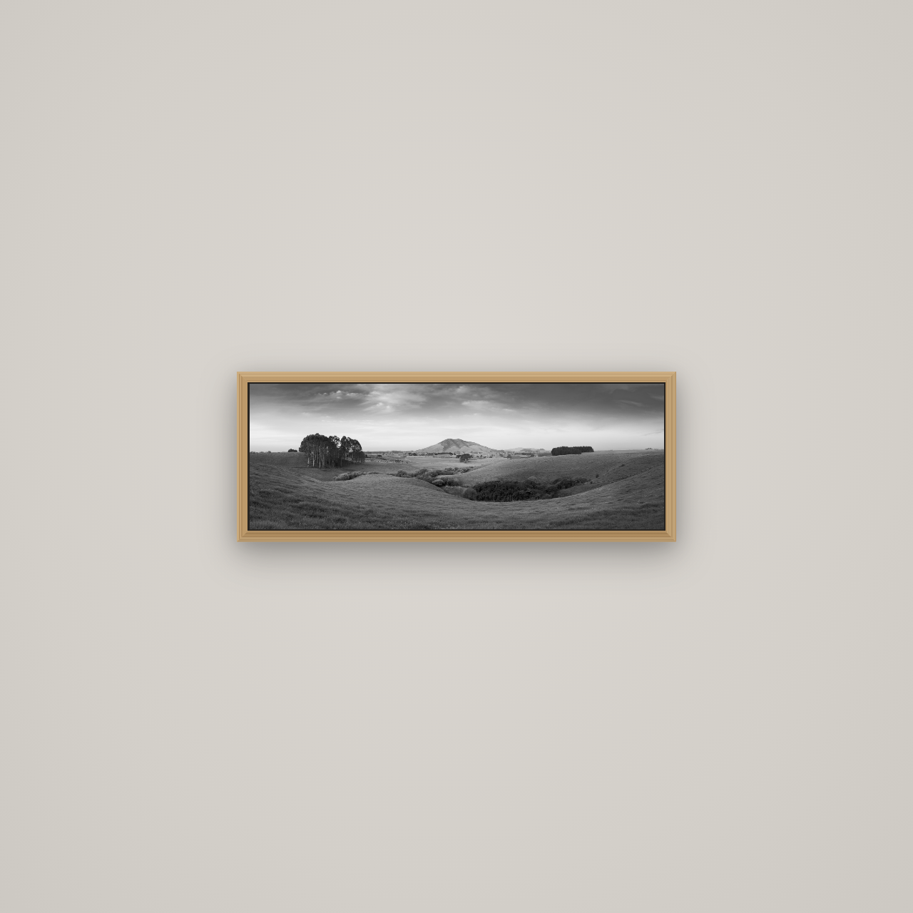 Evening Fields, Mount Kakepuku, Basel Natural Oak, 57×20 cm. New Zealand fine art wall art by Stephen Milner.