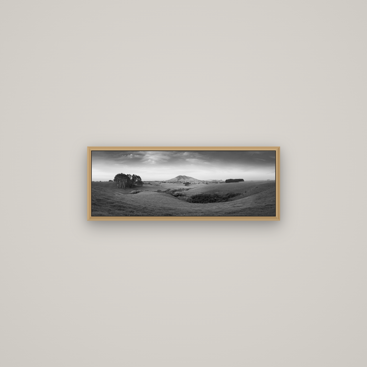 Evening Fields, Mount Kakepuku, Basel Natural Oak, 68×24 cm. New Zealand fine art wall art by Stephen Milner.