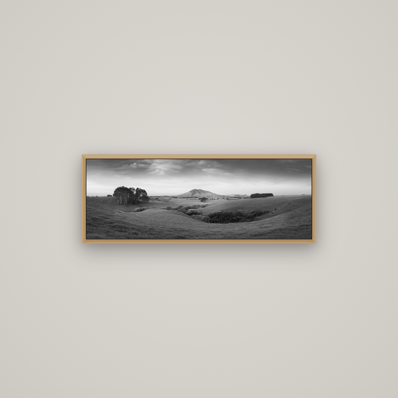 Evening Fields, Mount Kakepuku, Basel Natural Oak, 85×30 cm. New Zealand fine art wall art by Stephen Milner.