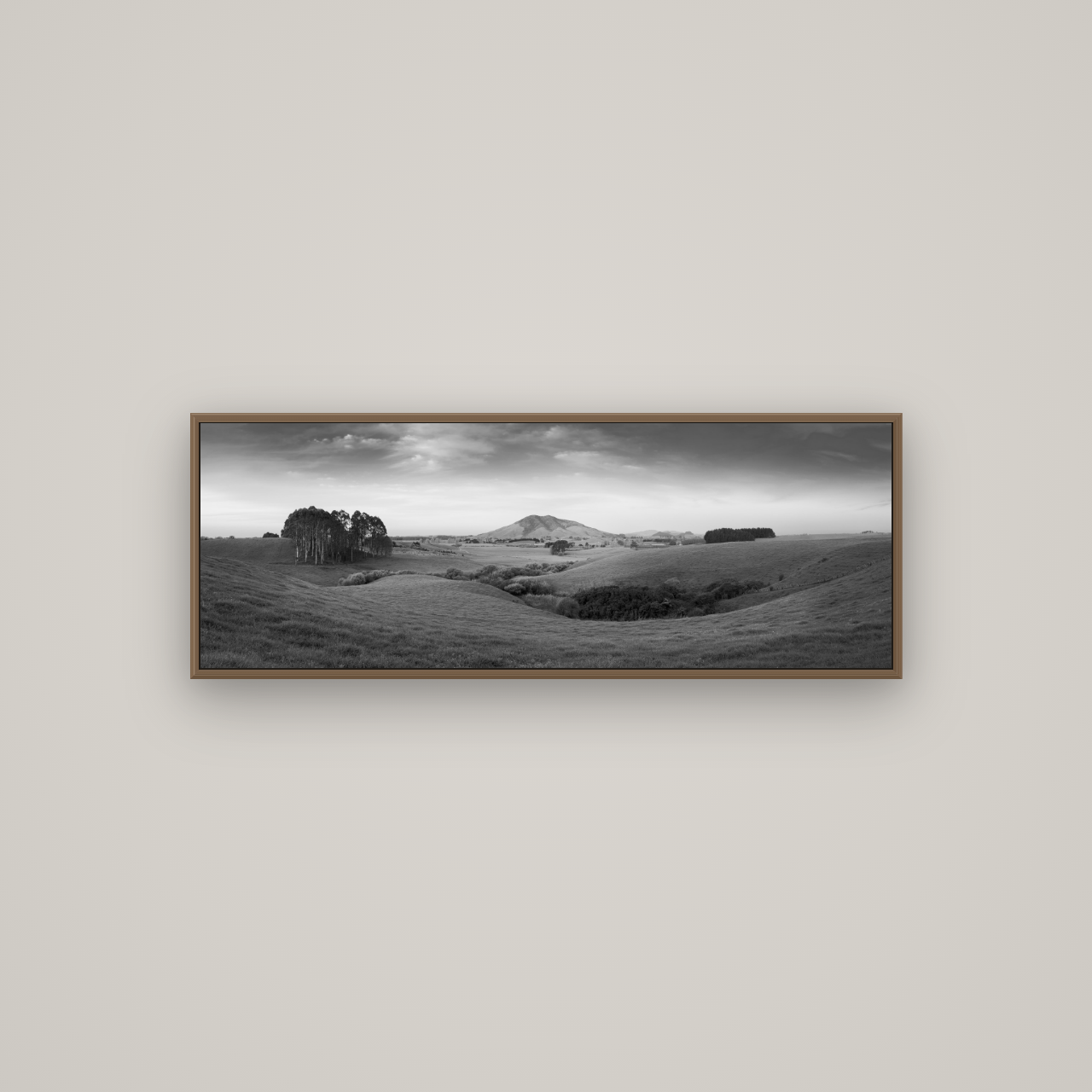 Evening Fields, Mount Kakepuku, Basel Walnut, 113×40 cm. New Zealand fine art wall art by Stephen Milner.