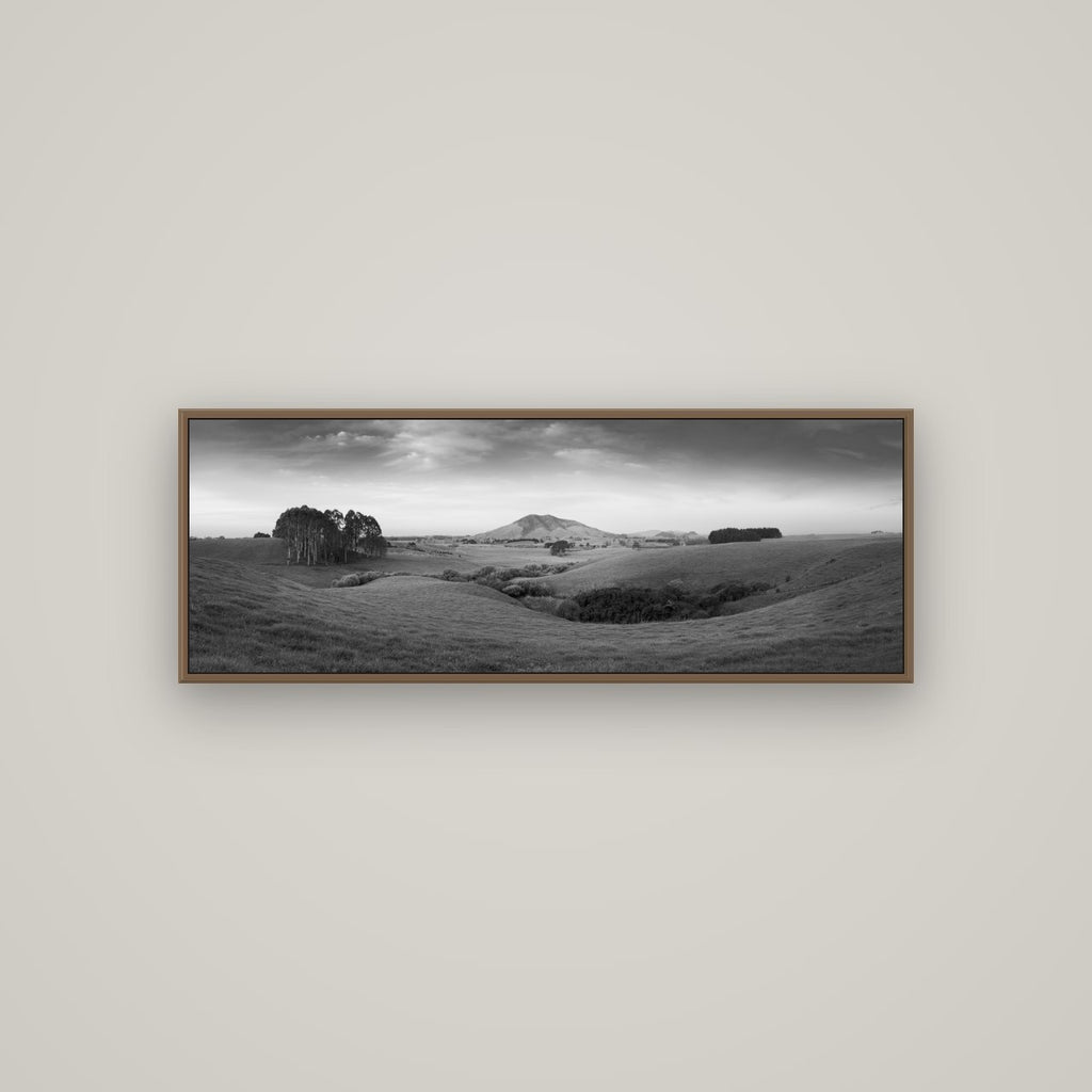 Evening Fields, Mount Kakepuku, Basel Walnut, 113×40 cm. New Zealand fine art wall art by Stephen Milner.