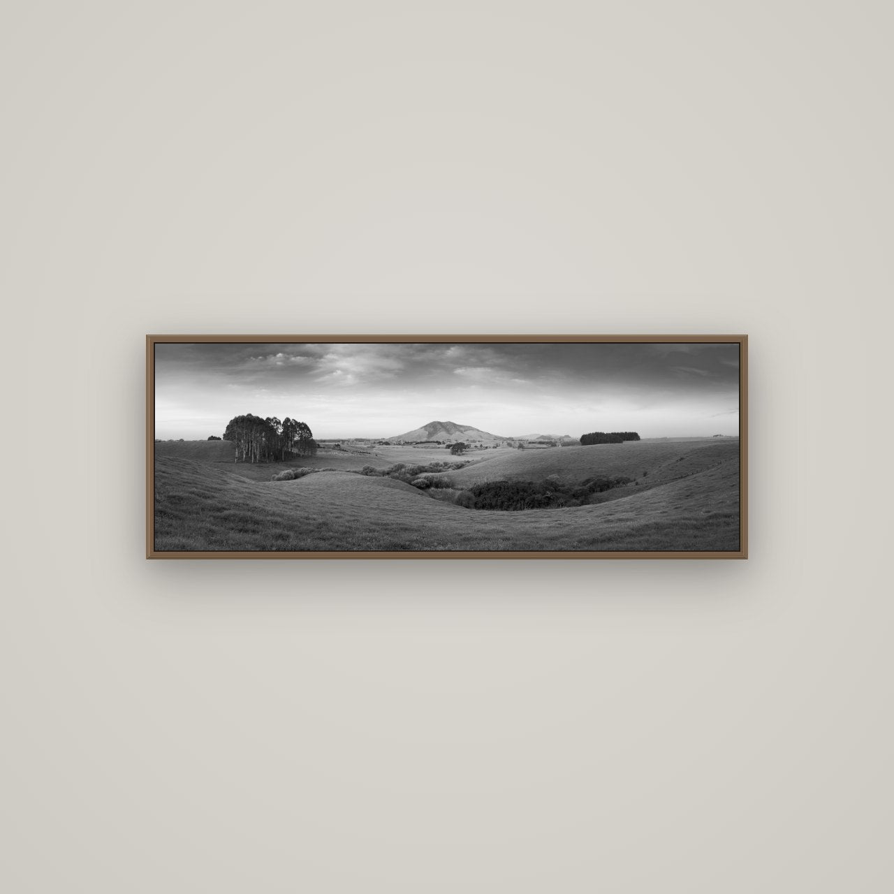 Evening Fields, Mount Kakepuku, Basel Walnut, 113×40 cm. New Zealand fine art wall art by Stephen Milner.