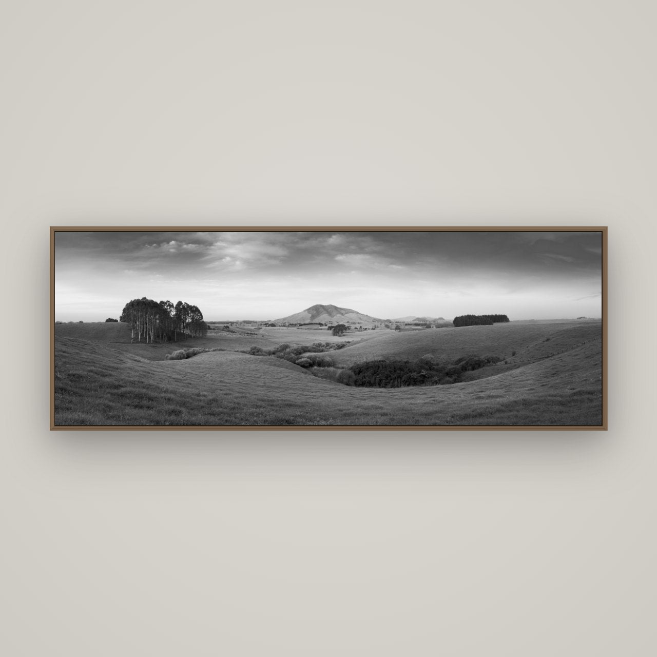Evening Fields, Mount Kakepuku, Basel Walnut, 170×60 cm. New Zealand fine art wall art by Stephen Milner.