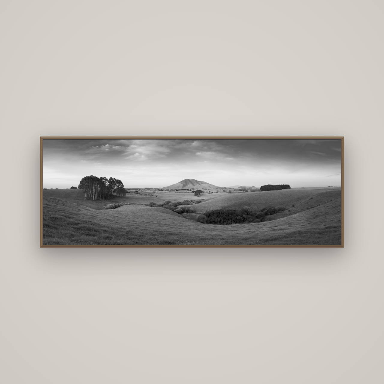 Evening Fields, Mount Kakepuku, Basel Walnut, 170×60 cm. New Zealand fine art wall art by Stephen Milner.