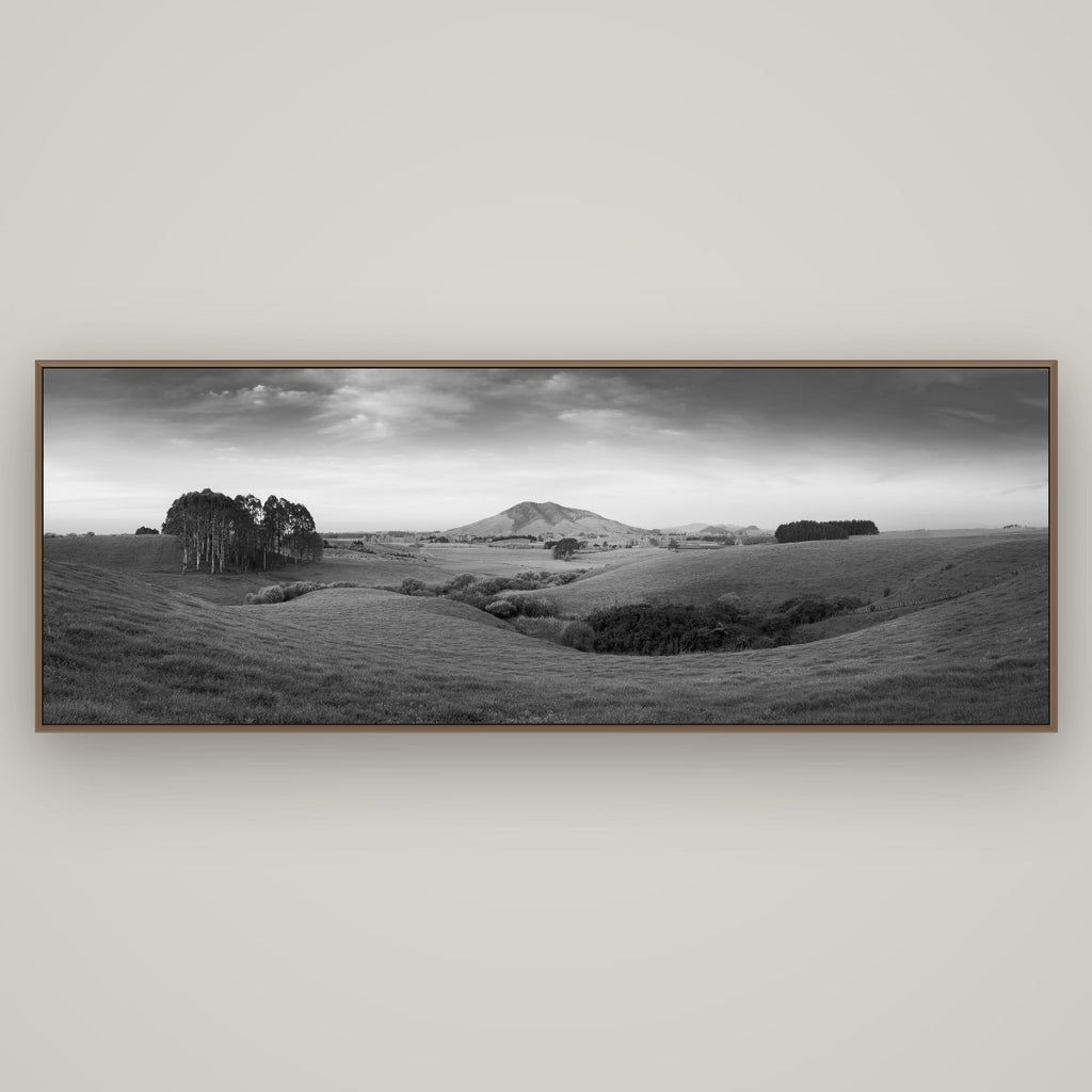 Evening Fields, Mount Kakepuku, Basel Walnut, 198×70 cm. New Zealand fine art wall art by Stephen Milner.
