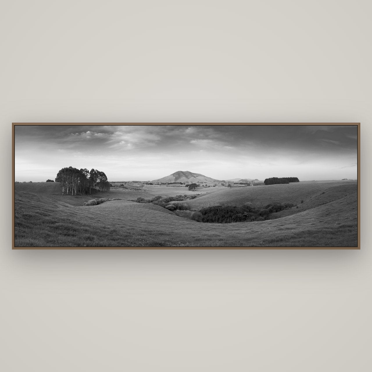 Evening Fields, Mount Kakepuku, Basel Walnut, 198×70 cm. New Zealand fine art wall art by Stephen Milner.