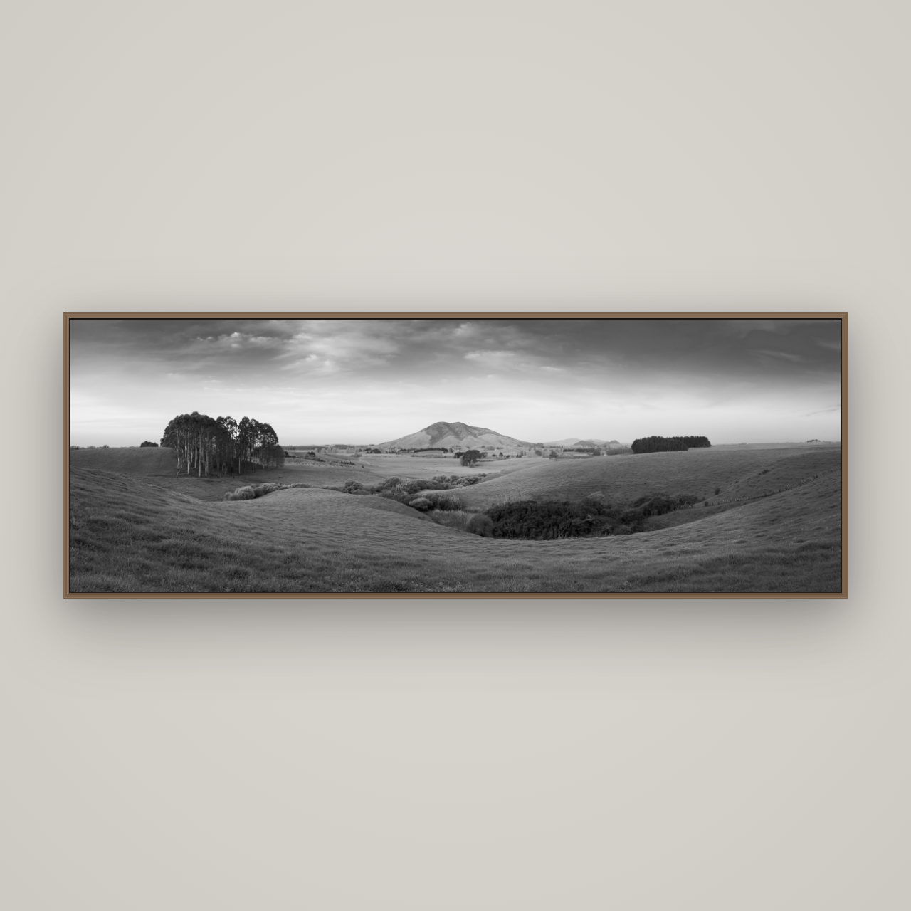 Evening Fields, Mount Kakepuku, Basel Walnut, 198×70 cm. New Zealand fine art wall art by Stephen Milner.