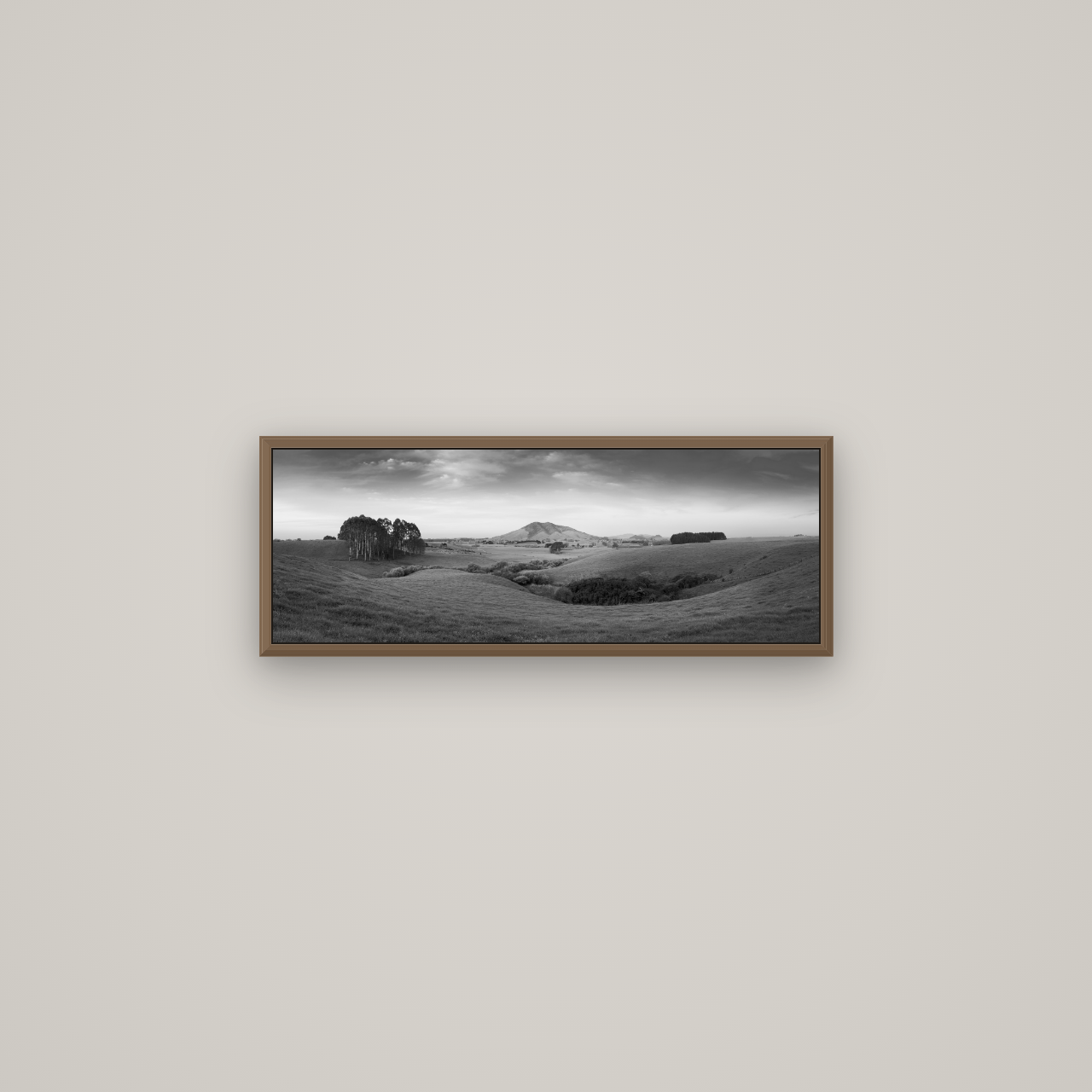 Evening Fields, Mount Kakepuku, Basel Walnut, 68×24 cm. New Zealand fine art wall art by Stephen Milner.
