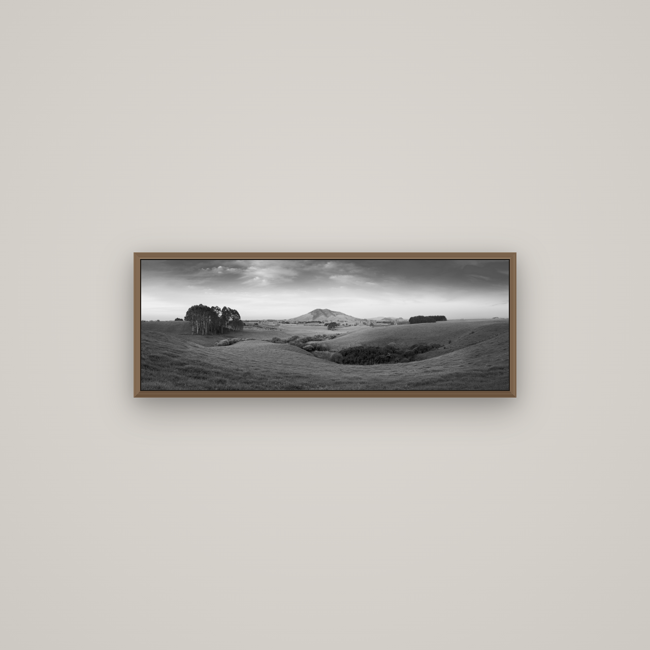 Evening Fields, Mount Kakepuku, Basel Walnut, 85×30 cm. New Zealand fine art wall art by Stephen Milner.