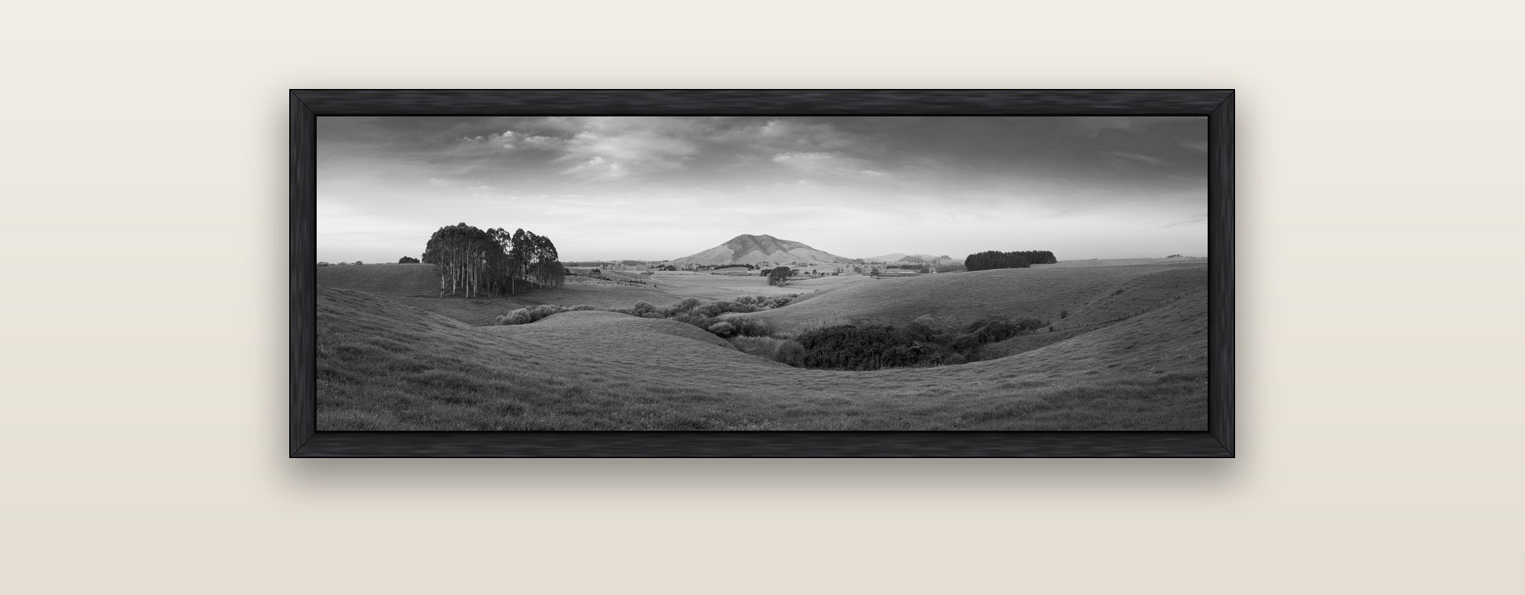 Evening Fields, Mount Kakepuku — black float frame framed canvas print. New Zealand fine art landscape wall art by Stephen Milner.