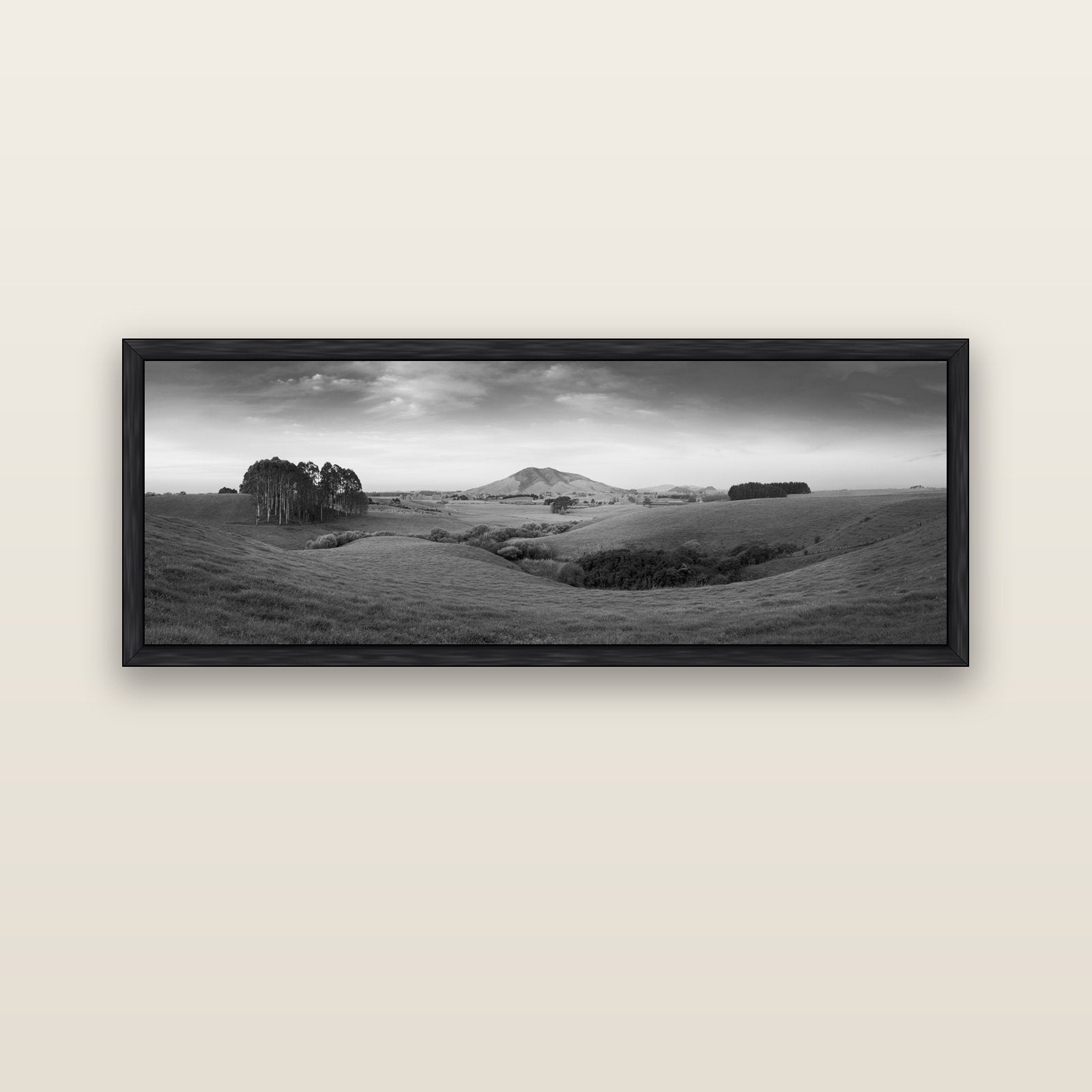 Evening Fields, Mount Kakepuku — black float frame canvas, 152 × 56 cm. New Zealand fine art landscape wall art by Stephen Milner.