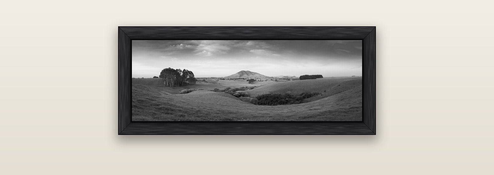 Evening Fields, Mount Kakepuku — black float frame canvas, 71 × 25 cm. New Zealand fine art landscape wall art by Stephen Milner.